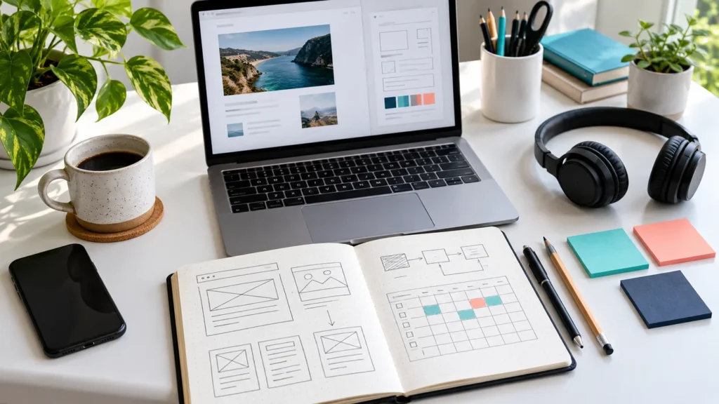 Laptop, notebook wireframes and headphones on a bright practice-project desk.