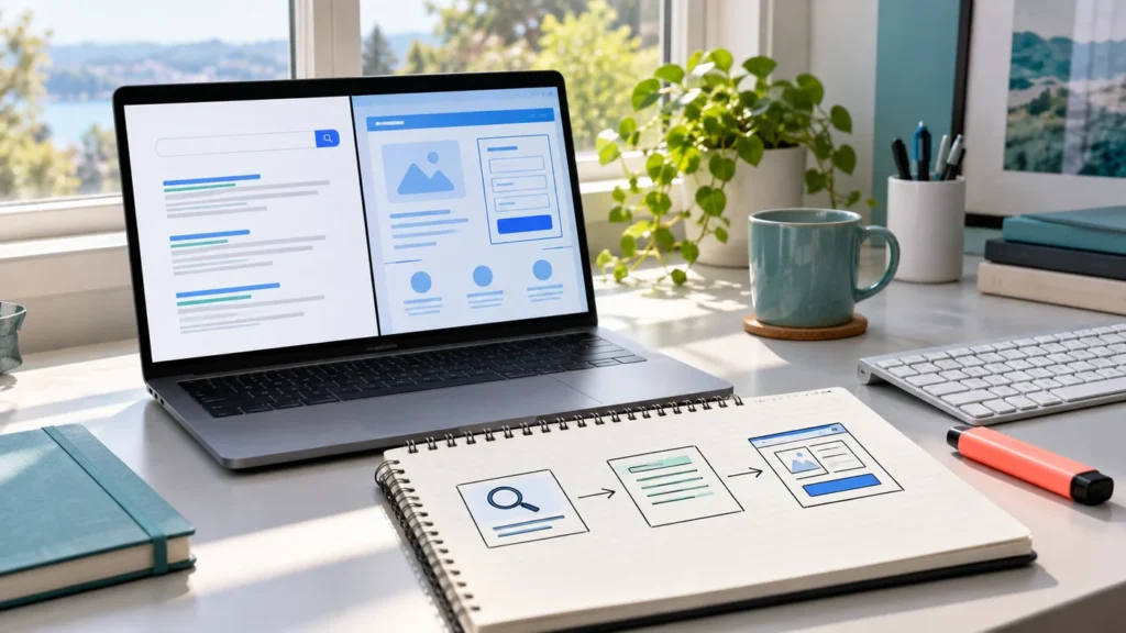 Laptop search and page wireframes beside a notebook showing a search-to-page flow.