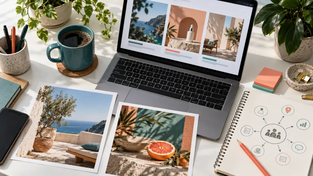 Laptop with generic creative thumbnails, printed concepts and a notebook audience map.