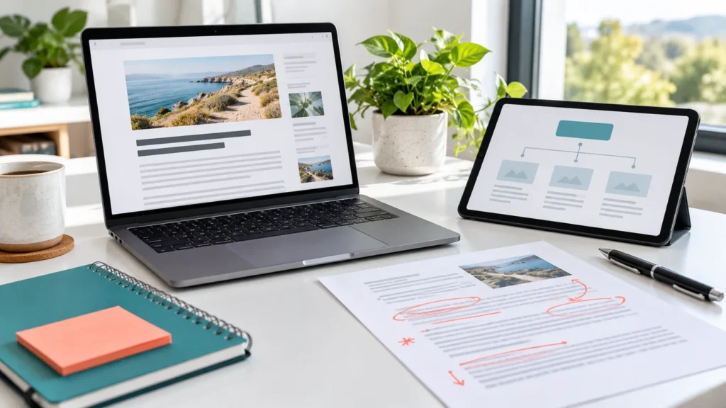 Laptop article page, tablet page-structure diagram and a marked-up printed page.
