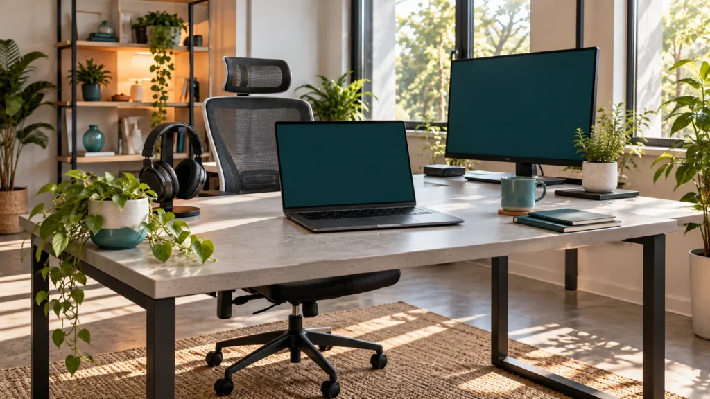 An illustrative remote-work desk with an open laptop, monitor, headphones and chair.